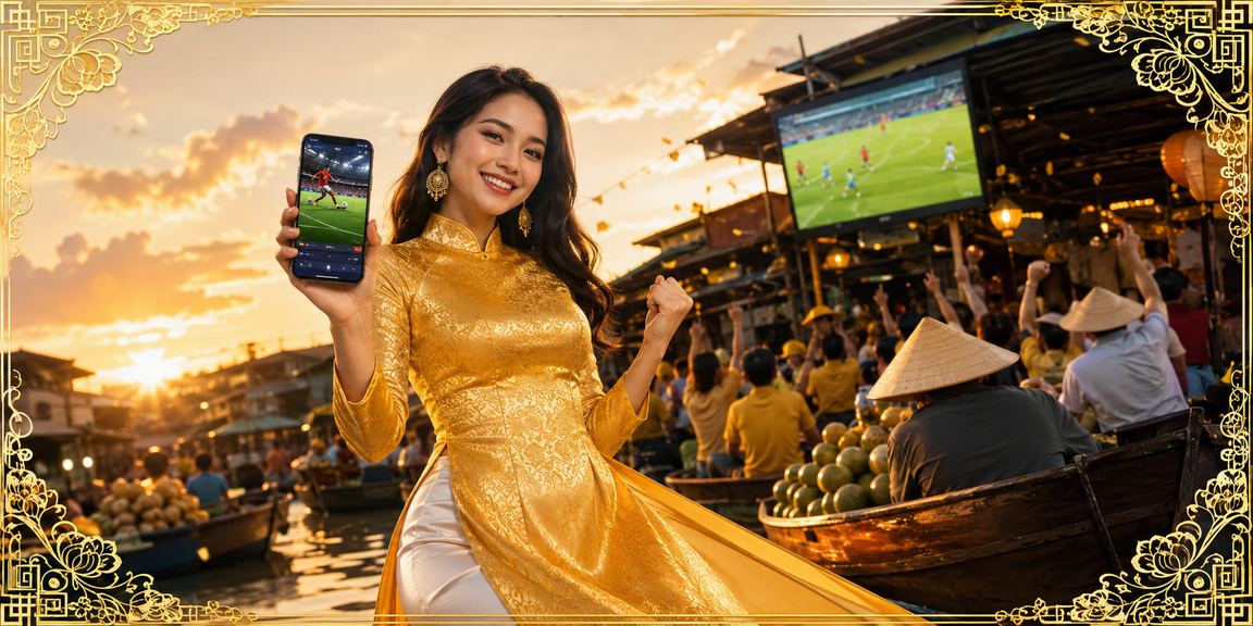Người phụ nữ mặc áo dài Cần Thơ sử dụng ứng dụng cá cược thể thao trên điện thoại